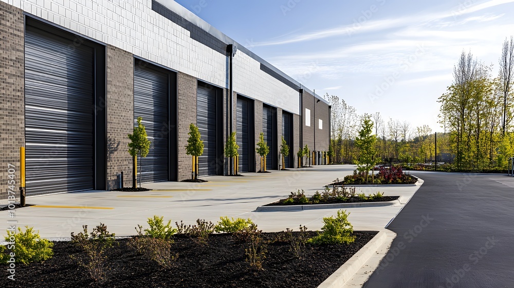 Exterior of a modern warehouse with a small office unit, featuring contemporary design, large windows, and metal siding, highlighting a professional and organized business environment Exterior of a modern warehouse with a small office unit, featuring contemporary design, large windows, and metal siding, highlighting a professional and organized business environment