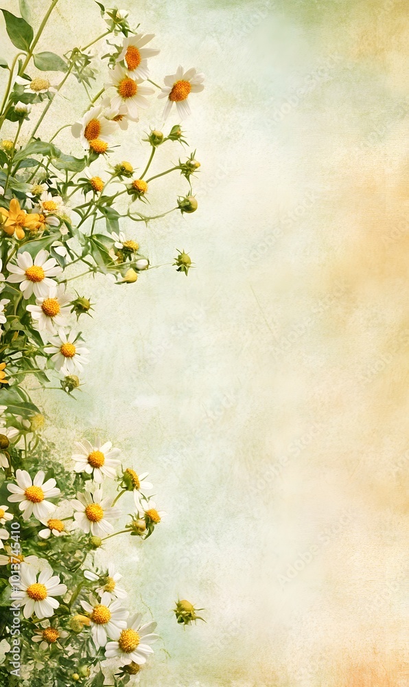 2. **Natural Wellness Display:** Illustrate a serene composition with fresh Feverfew flowers on the left, set against a soft backdrop. The right side provides generous blank space, ideal for 2. **Natural Wellness Display:** Illustrate a serene composition with fresh Feverfew flowers on the left, set against a soft backdrop. The right side provides generous blank space, ideal for