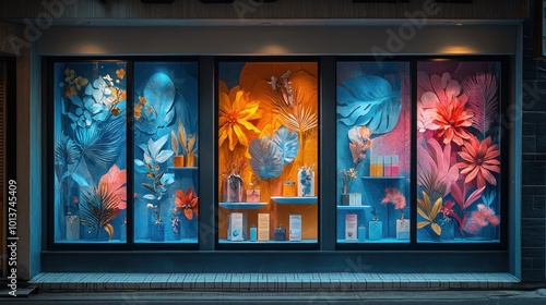 A storefront window display with colorful paper flowers and leaves.