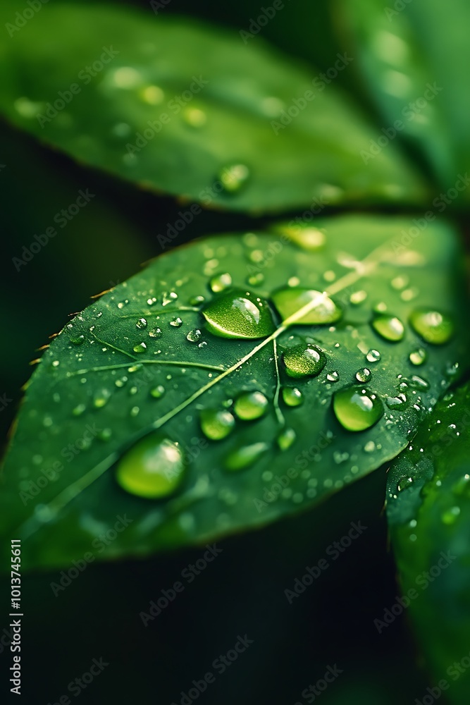 Closeup of Dew Drops on a Green Leaf Closeup of Dew Drops on a Green Leaf