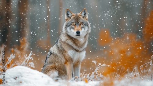 A lone wolf sits in a snowy forest, looking directly at the camera with a serious expression. The snow is falling around it, and the background is blurred.