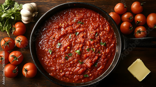 A top-down view of tomato sauce in an iron pan placed on a rustic wooden table. The vibrant red color of the sauce contrasts with the dark, textured surface of the iron pan and the wooden table, givin photo