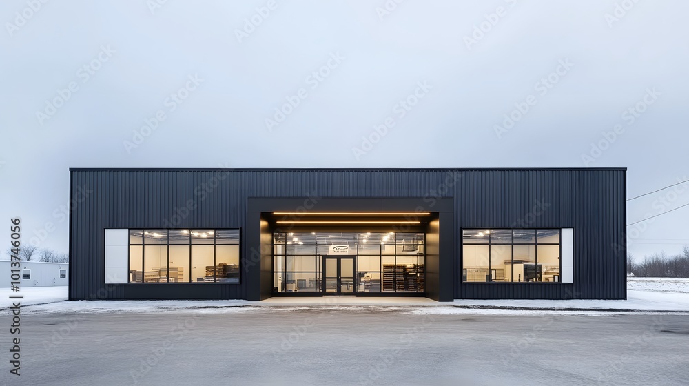 Fototapeta premium Exterior of a modern warehouse with a small office unit, featuring contemporary design, large windows, and metal siding, highlighting a professional and organized business environment