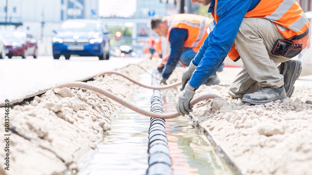 A close-up of engineers laying fiber optic cables along a street trench, installing high-speed internet infrastructure in an urban setting. A close-up of engineers laying fiber optic cables along a street trench, installing high-speed internet infrastructure in an urban setting.