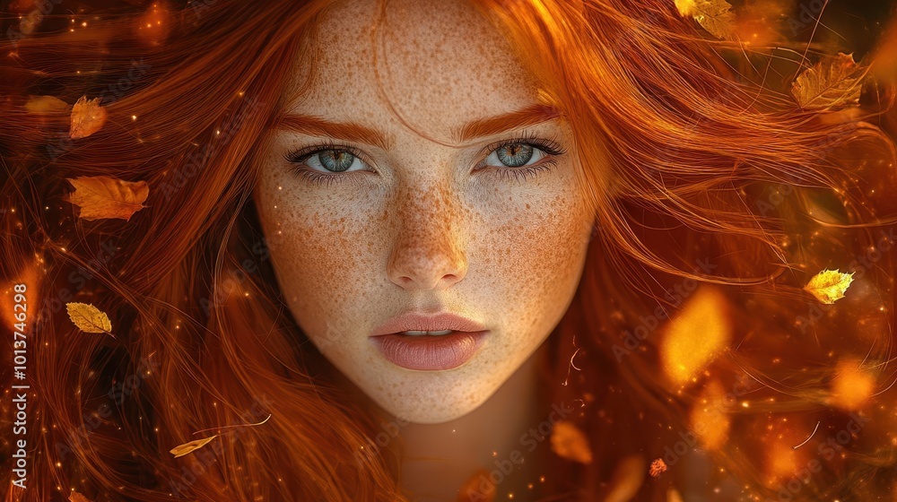a striking redhead woman with flowing hair embodying the spirit of autumn adorned with warm hues and seasonal elements like falling leaves against a blurred backdrop of forest colors a striking redhead woman with flowing hair embodying the spirit of autumn adorned with warm hues and seasonal elements like falling leaves against a blurred backdrop of forest colors