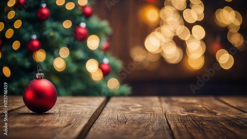 Top wood desk with christmas tree and red ball hanging blur background,wooden table