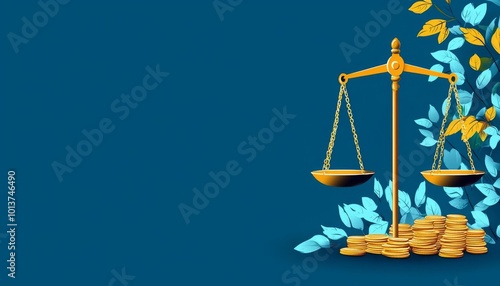 Wallpaper Mural Golden scales of justice with coins and leaves on a blue background. Torontodigital.ca