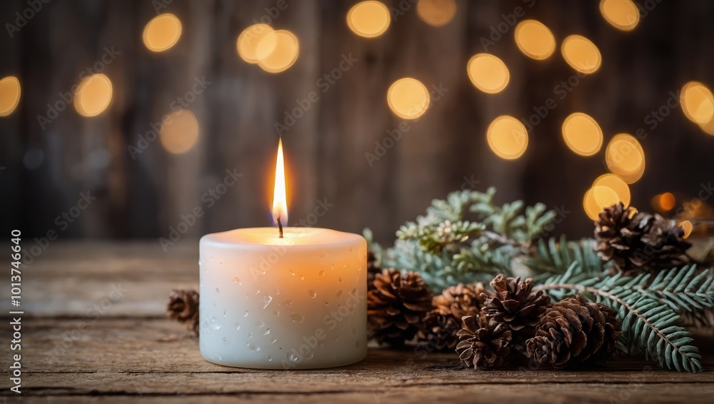 White burning candle with natural decoration on rustic light wood White burning candle with natural decoration on rustic light wood