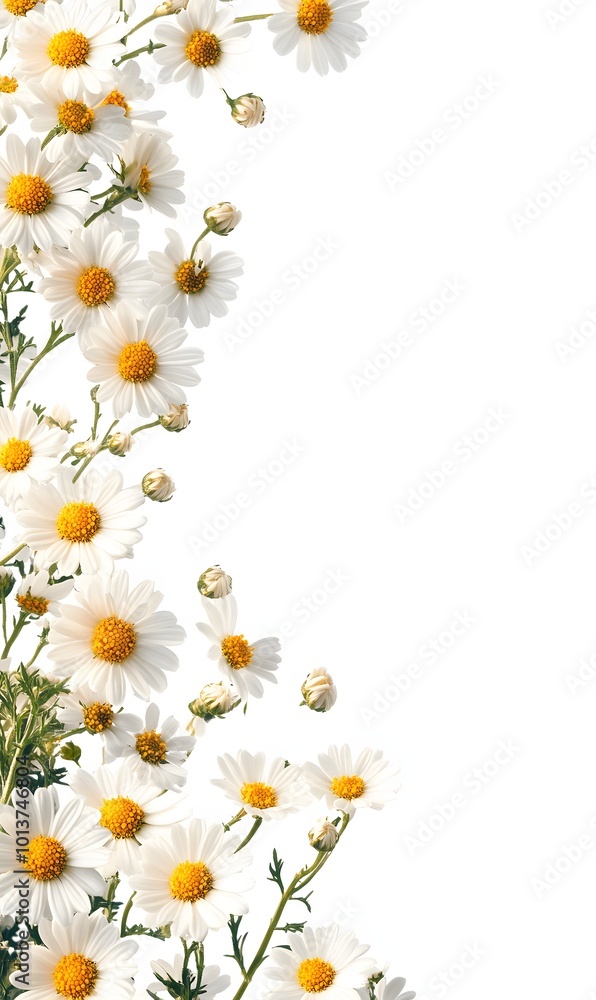 Fototapeta premium 4. **Botanical Benefits:** Depict a vibrant cluster of Feverfew flowers on the left side of the image, with a gentle, calming background. The right side features clear blank space perfect for