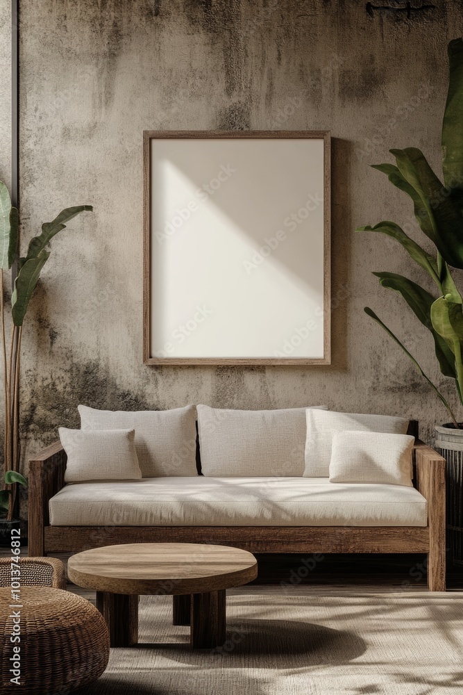 Obraz premium An artistic space featuring a minimalist sofa and frame against a textured backdrop, perfect for inspiring and elegant interior decor.