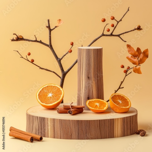 Wooden podium for product presentation with oranges and cinnamon sticks on beige backgroundWooden podium for product presentation with oranges and cinnamon on beige background photo