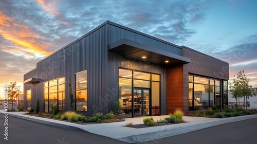 Exterior of a modern warehouse with a small office unit, featuring contemporary design, large windows, and metal siding, highlighting a professional and organized business environment
