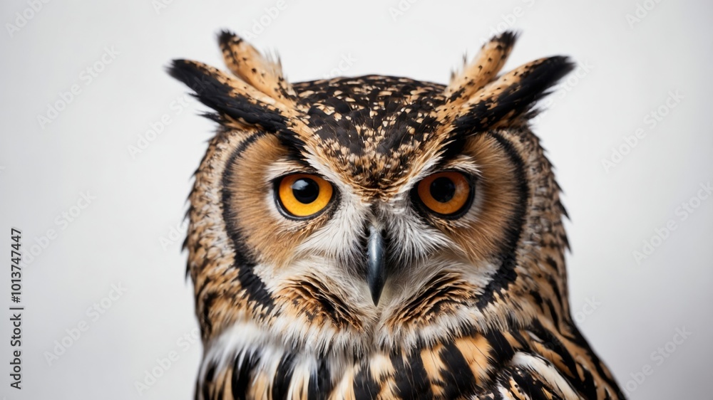 Close Up of Owl perched on a branch and isolated on a white background. Close Up of Owl perched on a branch and isolated on a white background.