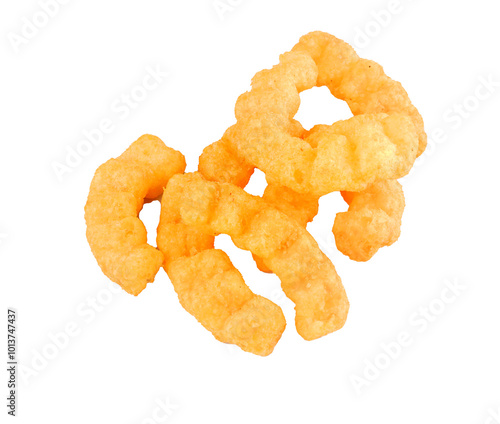 Curd-flavored corn snacks in strip format isolated on top view portion and transparent background photo