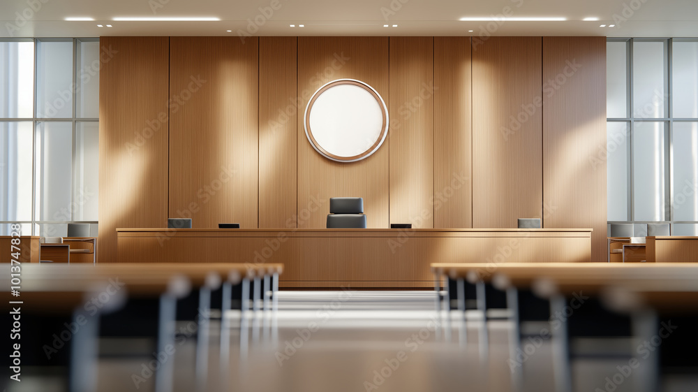 Modern Courtroom with Judge's Bench and Official Emblem Modern Courtroom with Judge's Bench and Official Emblem