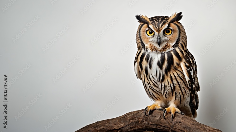 Obraz premium Close Up of Owl perched on a branch and isolated on a white background. 