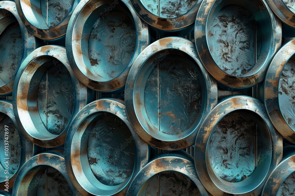 Wall of metallic blue and rusty circular frames, arranged in an abstract pattern Wall of metallic blue and rusty circular frames, arranged in an abstract pattern