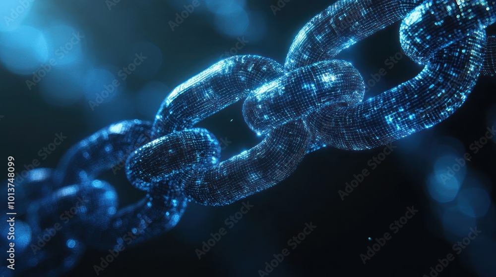 A close-up of a glowing blue chain made of digital particles against a dark background with bokeh. A close-up of a glowing blue chain made of digital particles against a dark background with bokeh.