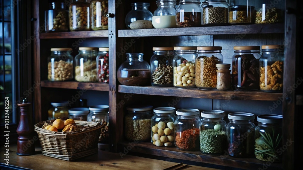 A rustic wooden pantry with glass jars filled with various dried foods and spices. A rustic wooden pantry with glass jars filled with various dried foods and spices.