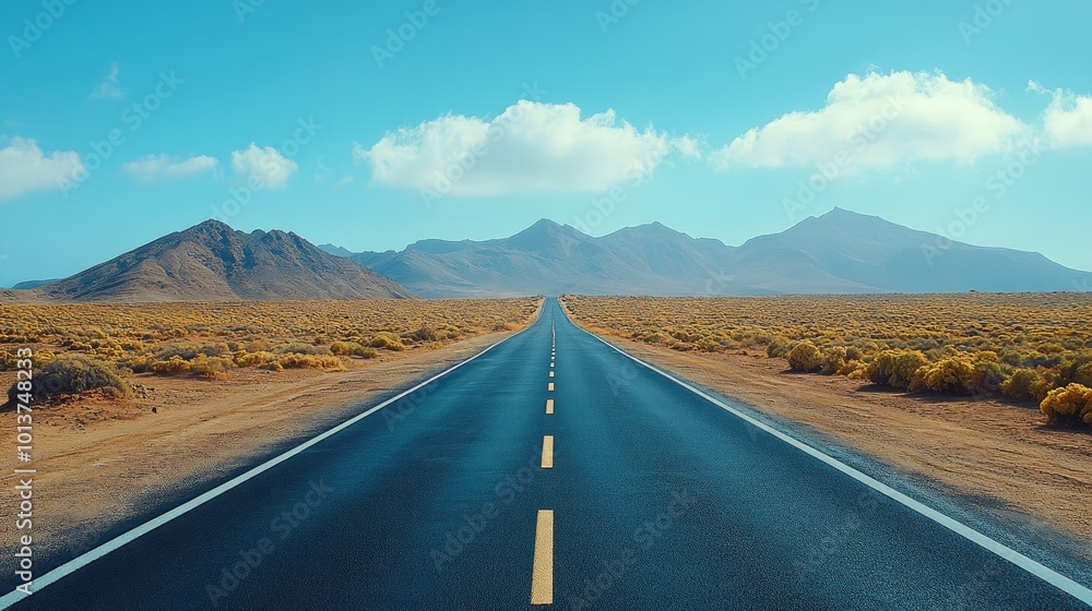 Fototapeta premium A long, straight road stretches through a desert landscape, disappearing into the distance. The road is paved and has white lines down the center. 