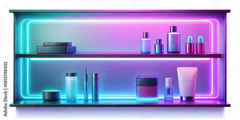 Futuristic Flat Glossy Digital Store Shelves Background with Glowing Products for Cyber Monday Promotions - E-commerce Banner Illustration Futuristic Flat Glossy Digital Store Shelves Background with Glowing Products for Cyber Monday Promotions - E-commerce Banner Illustration