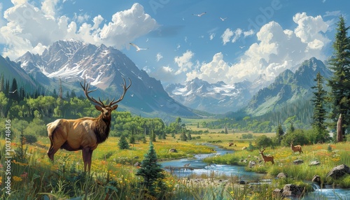 Majestic elk in alpine meadow with mountain backdrop 