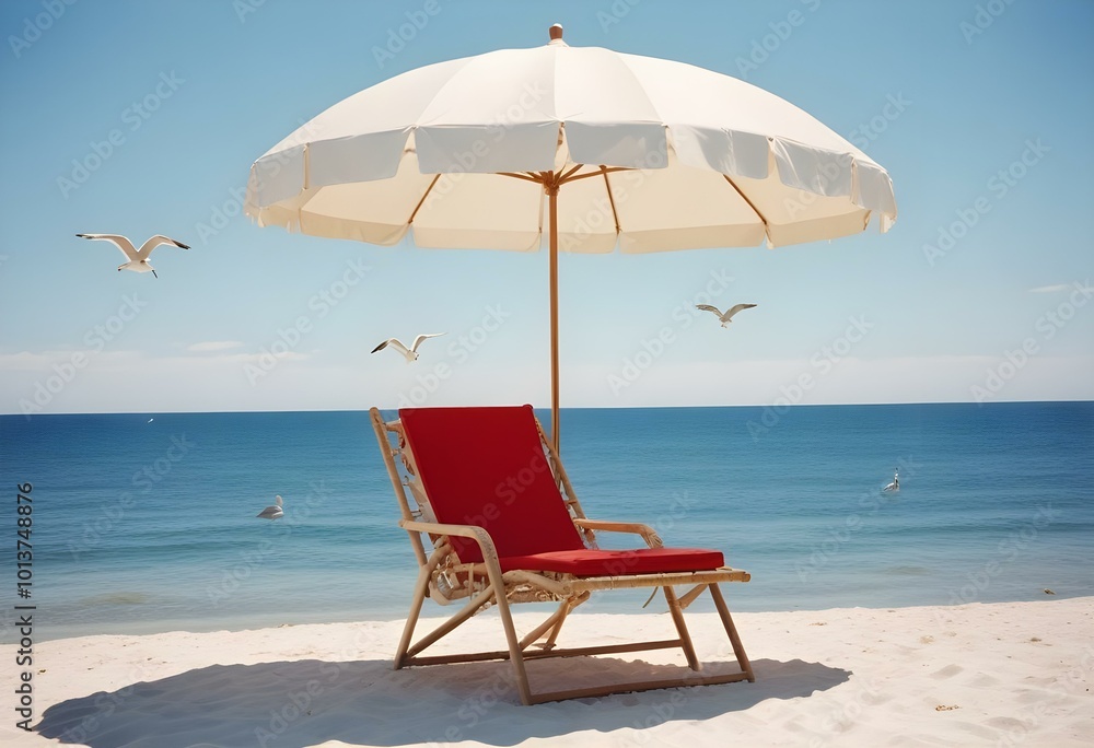 A white beach umbrella and lounge chair floating in a calm A white beach umbrella and lounge chair floating in a calm