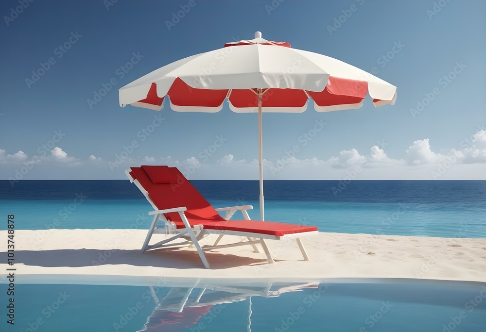 A white beach umbrella and lounge chair floating in a calm A white beach umbrella and lounge chair floating in a calm
