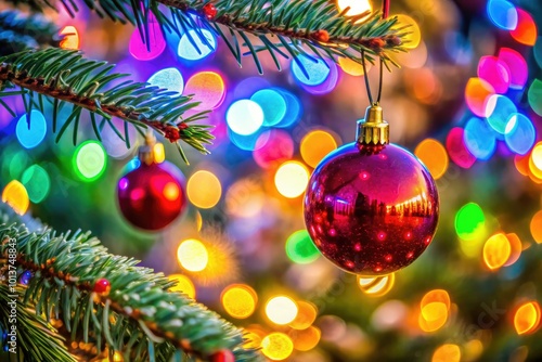 Festive Christmas Ornament Hanging on a Tree Branch with Colorful Lights and a Soft Focus Background