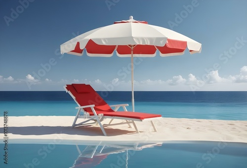 A white beach umbrella and lounge chair floating in a calm