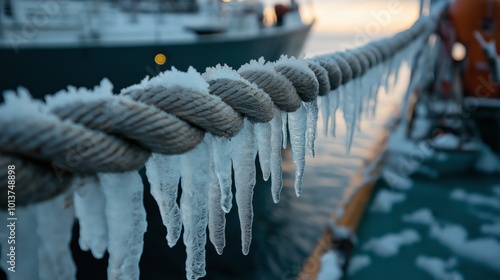 closeup of icicles on a rope on a fishing trawler in the northern sea