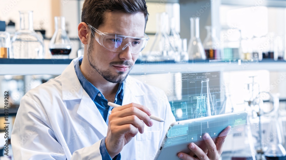A close-up of a chemist using a digital stylus on a tablet to simulate the behavior of chemical elements under different temperatures in a virtual lab setting. A close-up of a chemist using a digital stylus on a tablet to simulate the behavior of chemical elements under different temperatures in a virtual lab setting.