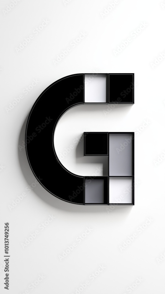 A black and white 3D letter G made of geometric shapes, with a shadow cast against a white background. A black and white 3D letter G made of geometric shapes, with a shadow cast against a white background.