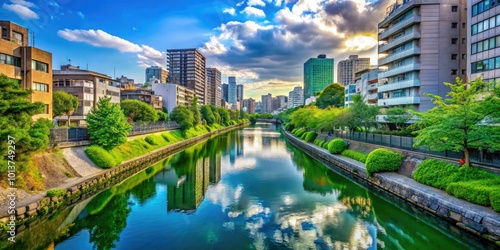 Flowing gracefully, the Sumidagawa River traverses an urban environment, surrounded by lush greenery and breathtaking scenery, creating a peaceful oasis in the city's heart. photo