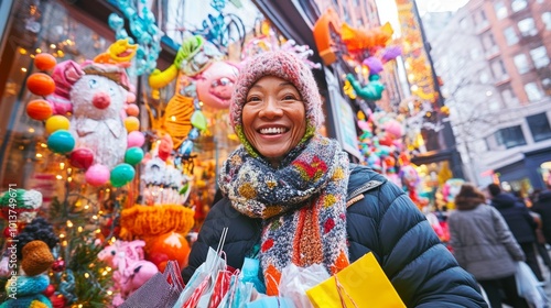 Joyful Shopping - Smiling woman in scarf and hat holding shopping bags by decorated store window