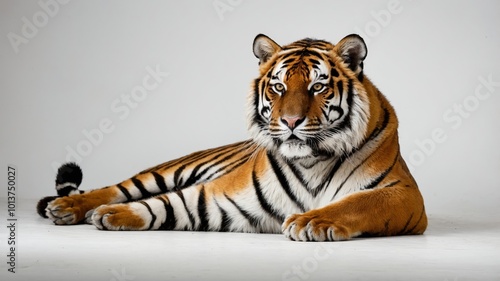 Tiger lying on the floor and isolated on white background. Siberian tiger full body lying down posture on white background