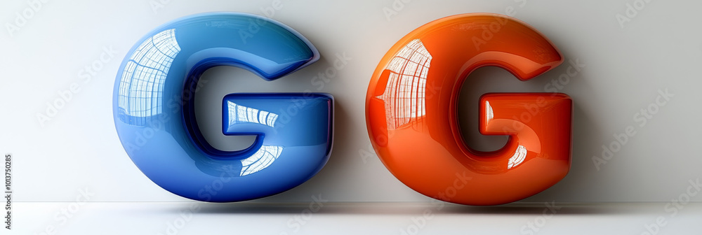 Two glossy 3D letters, one blue and one orange, spell out the letter G on a white background. Two glossy 3D letters, one blue and one orange, spell out the letter G on a white background.