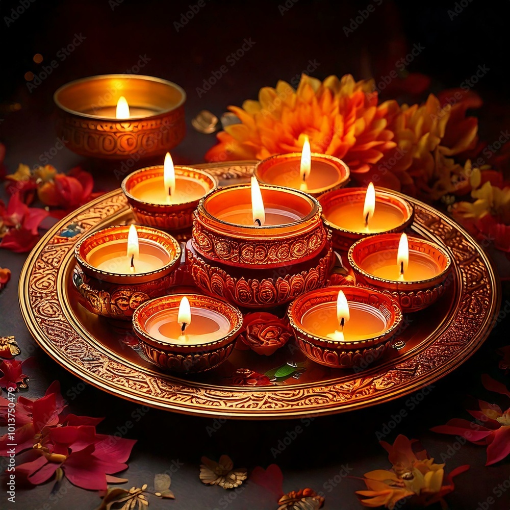 A detailed illustration of Diwali diyas placed on a beautifully decorated plate with flowers and incense, exuding a festive spirit. A detailed illustration of Diwali diyas placed on a beautifully decorated plate with flowers and incense, exuding a festive spirit.