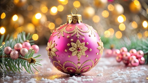 Elegant pink Christmas bauble adorned with intricate golden ornaments, surrounded by festive greenery and berries, capturing the warmth and magic of holiday decorations.