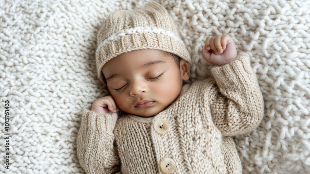 Newborn baby peacefully sleeping, dressed in a cozy cream knitted outfit, wrapped in matching chunky knit blanket. Soft, serene atmosphere. Newborn baby peacefully sleeping, dressed in a cozy cream knitted outfit, wrapped in matching chunky knit blanket. Soft, serene atmosphere.