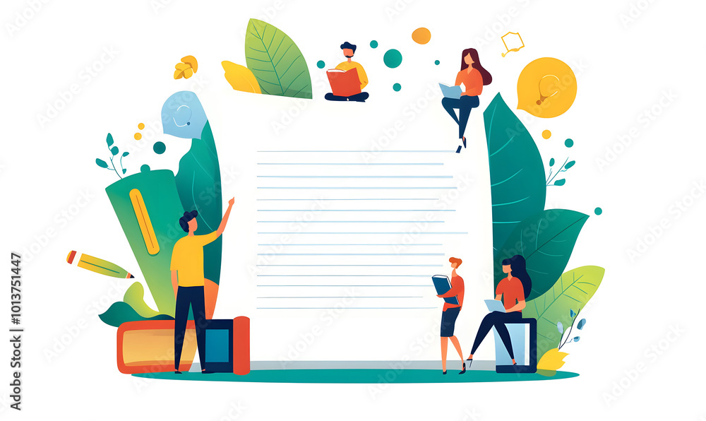 This image illustrates people engaging in learning activities using a giant book and pencil, highlighting the significance of books and writing in education and personal growth design, Collaborative This image illustrates people engaging in learning activities using a giant book and pencil, highlighting the significance of books and writing in education and personal growth design, Collaborative