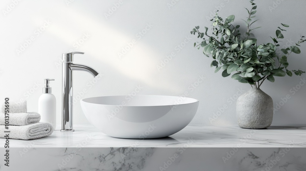 Fototapeta premium A clean, modern bathroom featuring a sleek oval sink and chrome tap, set on a marble vanity, with minimalistic decor and soft lighting enhancing the space.