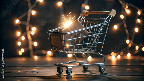 Flat Isolated Glowing Shopping Cart with Percentage Icon for Cyber Monday Discounts - Minimalist Design for Ecommerce Promotions and Infographics