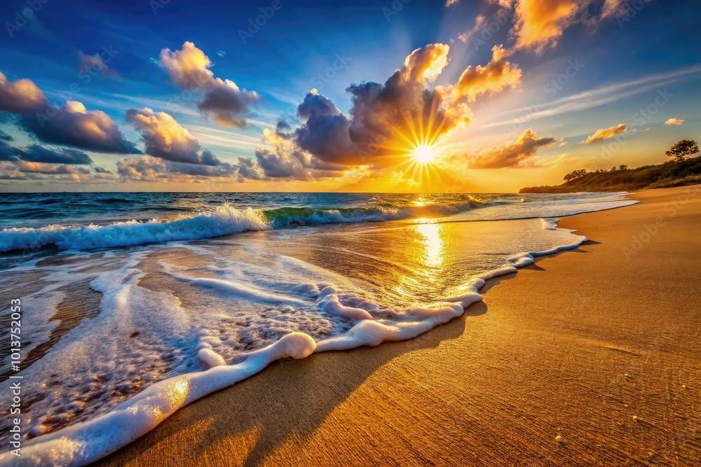 Fototapeta premium Immerse yourself in summer's essence with warm sun rays, gentle sands, and crashing waves. Curate captivating moments that bring back sensual beach memories for your collection.