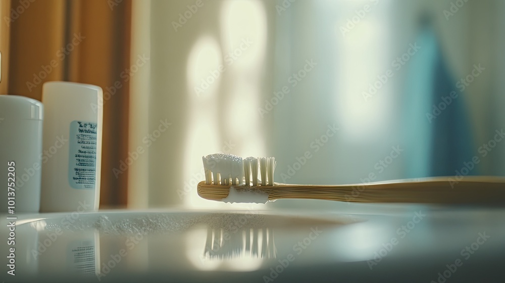 A close-up of a toothbrush and toothpaste in front of a fogged-up bathroom mirror, with a blurred reflection of someone brushing their teeth. A close-up of a toothbrush and toothpaste in front of a fogged-up bathroom mirror, with a blurred reflection of someone brushing their teeth.