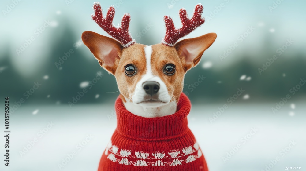 Dog in reindeer antlers and red sweater, snowcovered yard, 3D illustration Dog in reindeer antlers and red sweater, snowcovered yard, 3D illustration