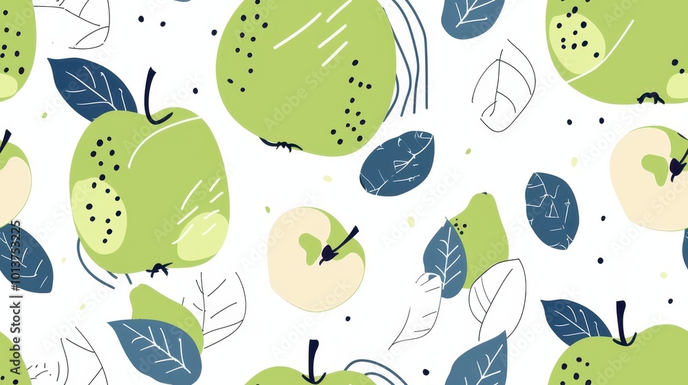 Seamless pattern of vibrant green apples with leaves on white background. Fresh and healthy fruit concept. Seamless pattern of vibrant green apples with leaves on white background. Fresh and healthy fruit concept.