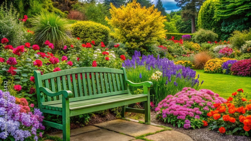 In a peaceful setting, a lovely garden bench is embraced by colorful blossoms and verdant plants, offering a perfect spot for quiet reflection and enjoyment. In a peaceful setting, a lovely garden bench is embraced by colorful blossoms and verdant plants, offering a perfect spot for quiet reflection and enjoyment.