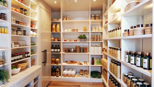 Well-organized pantry with white shelves and wooden floor.