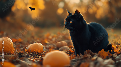 Playful black cat in an autumn field with scattered pumpkins and dry leaves, soft Halloween theme